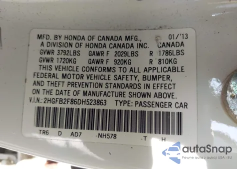 2013 Honda Civic Ex из США, поврежденный, VIN 2HGFB2F86DH523863